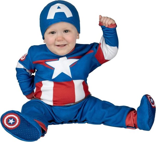 MARVEL’S OFFICIAL CAPTAIN AMERICA HALLOWEEN COSTUME FOR BABIES - Plush Jumpsuit with Printed Design, Booties and Helmet Cap 12-18 M - Image 3