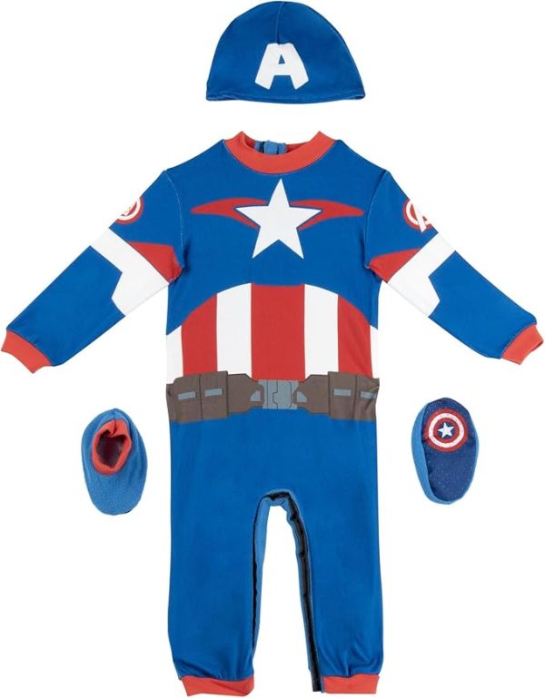 MARVEL’S OFFICIAL CAPTAIN AMERICA HALLOWEEN COSTUME FOR BABIES - Plush Jumpsuit with Printed Design, Booties and Helmet Cap 12-18 M - Image 6