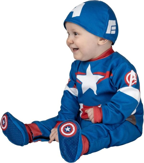 MARVEL’S OFFICIAL CAPTAIN AMERICA HALLOWEEN COSTUME FOR BABIES - Plush Jumpsuit with Printed Design, Booties and Helmet Cap 12-18 M - Image 4