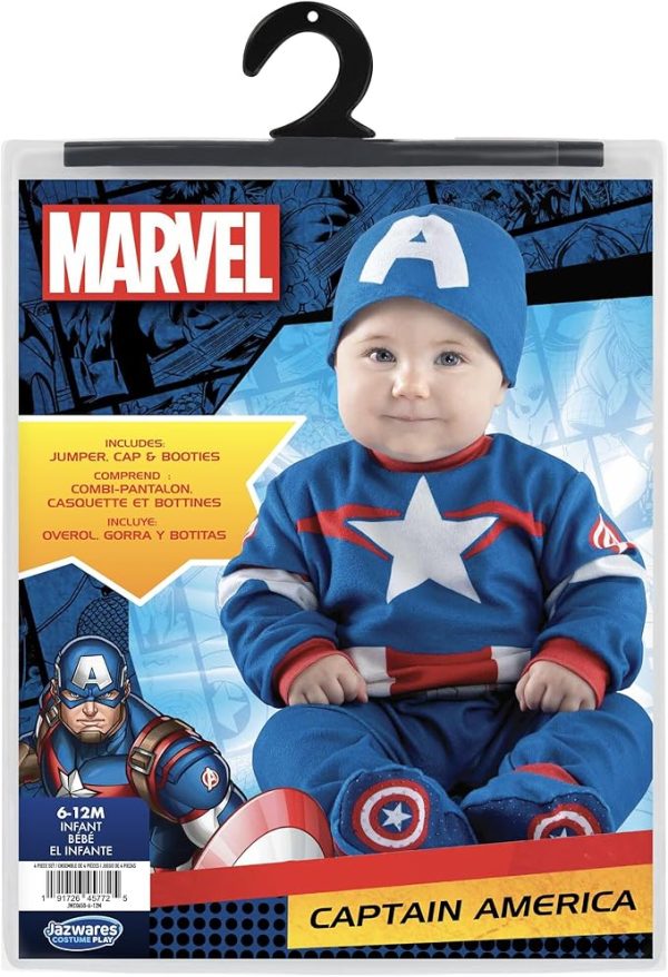 MARVEL’S OFFICIAL CAPTAIN AMERICA HALLOWEEN COSTUME FOR BABIES - Plush Jumpsuit with Printed Design, Booties and Helmet Cap 12-18 M