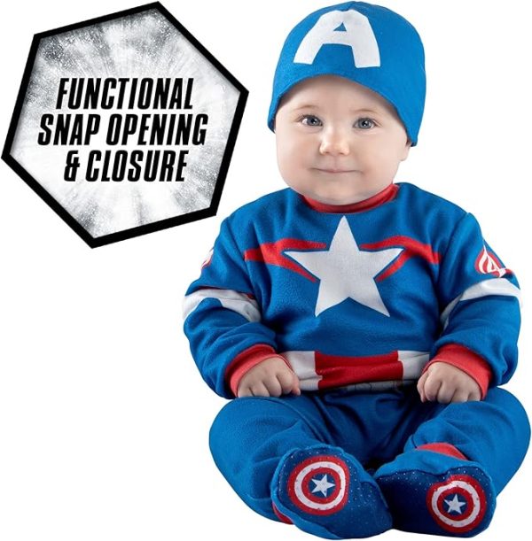 MARVEL’S OFFICIAL CAPTAIN AMERICA HALLOWEEN COSTUME FOR BABIES - Plush Jumpsuit with Printed Design, Booties and Helmet Cap 12-18 M - Image 2