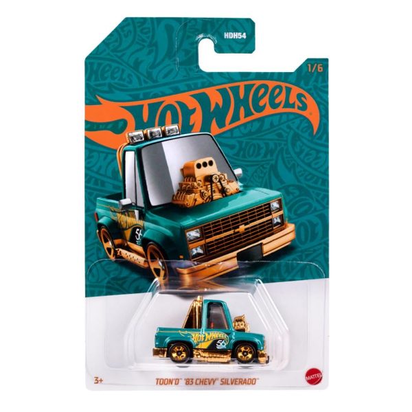 Hot Wheels 1:64 Scale Die-Cast Toy Car or Truck with Turquoise- & Copper-Colored Deco Toon'd 83 Chevy Silverado